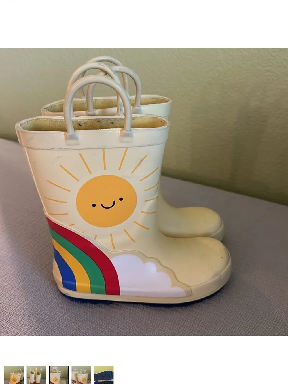 Cat & Jack Cream Rain Boots with Sunny Face & Rainbow